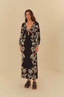 vestido longo estampado tropical surreal